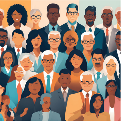 Cartoon image of a group of people across ages and racial demographics looking forward in business attire.